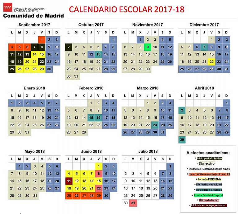 Resultado de imagen de calendario escolar m,adris 2017-2018